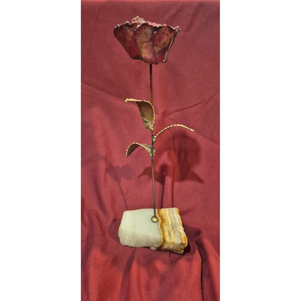 Vintage Yosi Brutalist Brass Rose Enameled On Onyx Base MCM Giftable Home Decor